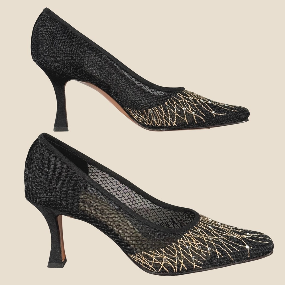 J. Renee Celia Mesh Rhinestone Pumps 6M Black Gold Evening Heels Vintage China